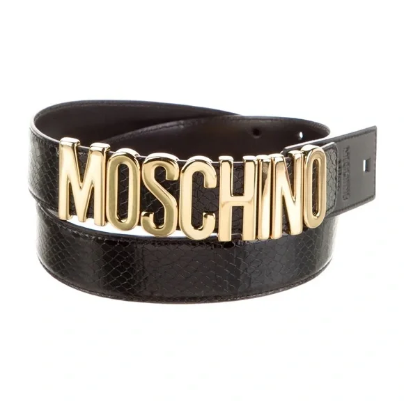 Moschino Black Leather Belt with Gold Lettering display picture 1